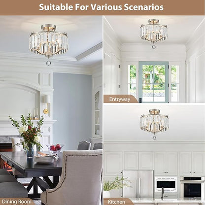 Brushed Nickel Crystal Semi Flush Mount Ceiling Light Fixture Modern Farmhouse Small Chandelier 3-Light Round Crystal Mini Chandelier for Dining Room Entryway Hallway Kitchen Bedroom Foyer