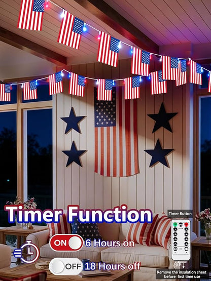 4th of July Decoration, 24FT 50LED Red White and Blue String Lights 25 American Flags, Battery Operated Patriotic Lights Waterproof 8 Modes, Remote & Timer for 250th Anniversary Independence Day Decor