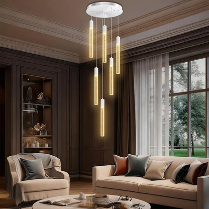 Luxury 6-Light Silver Bubble Crystal Column Chandelier, Dimmable LED Adjustable Height Pendant Light for Kitchen Island, Living Room, Foyer, Staircase