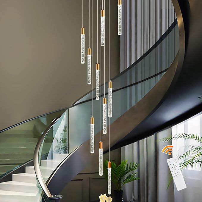 GEADI Modern LED High Ceiling Chandelier with Remote Control,10 Lights Crystal Foyer Chandeliers for High Ceilings,Gold Dimmable Long Pendant Light for Staircase Entryway Living Room