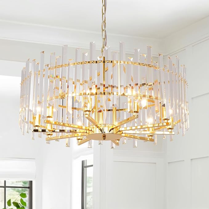 Gold Crystal Chandeliers for Dining Room, 27.6" Modern Round Chandelier Large Adjustable Height Ceiling Hanging Pendant Light Fixture for Dining Living Room Bedroom