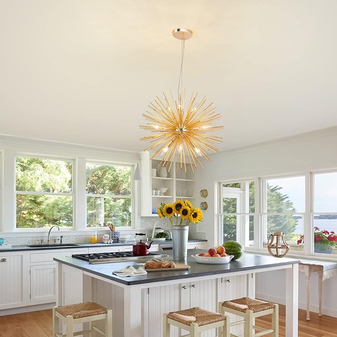 CM MZY Modern Gold Sputnik Chandeliers, 9-Light Satellite Pendant Light fixtures, Starburst Firework Ceiling Lights for Bedroom Living Room Dining Room Kitchen Island Hallway, E12 Socket(Dia:19.7'')