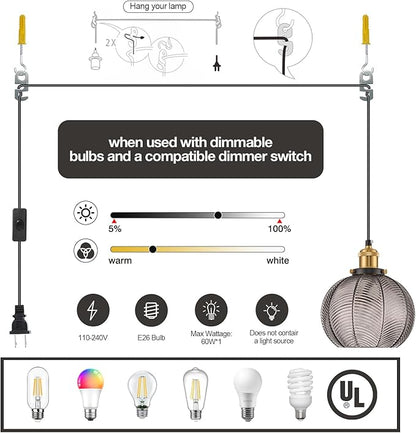 Modern Plug in Hanging Light, 7.8 Inch Glass Pendant Light with 14.76 FT Adjustable Plug in Cord, Vintage Smoke Gray Hanging Lamp for Dining Room Bedroom Kitchen Island Bathroom E26