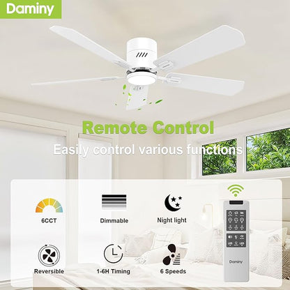 DAMINY 52 inch 5 Blades White Ceiling Fans with Lights,Flush Mount,6CCT, Low Profile Ceiling Fan with Light and Remote Control,DC Motor,Ceiling Fan for Bedroom, Kitchen,Living Room,Indoor/Outdoor Use
