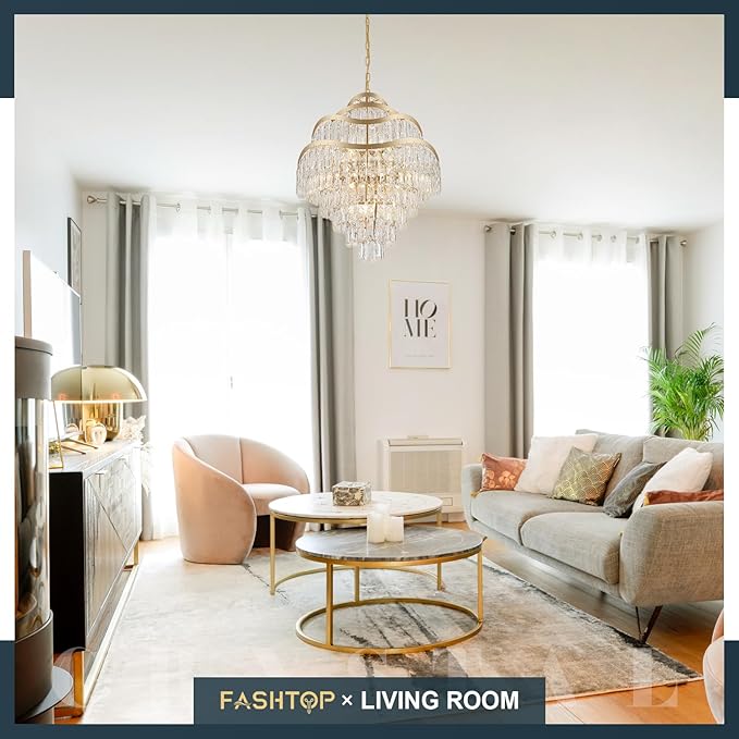9-Tier Gold Crystal Chandelier 16 Lights Luxury Light Fixtures 24" K9 Crystal Pendant Ceiling Lighting for Living Room Dining Room Foyer Bedroom Kitchen, E12