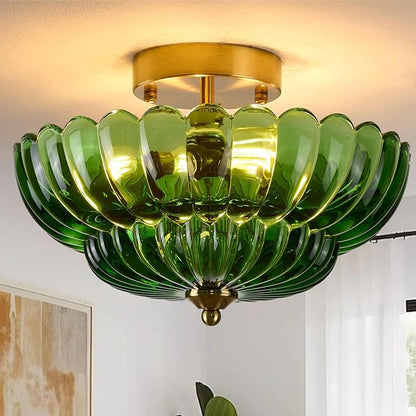 Semi Flush Mount Ceiling Light, Green Glass Ceiling Light Fixture, 3-Bulb Gold Close to Ceiling Light, Vintage Glass Ceiling Lights for Bedroom Kitchen Living Room, Support inline roof installation