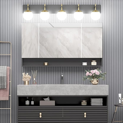 Ralbay Mid Century Modern Vanity Lights - 5-Light Milky Glass Globe Modern Bathroom Vanity Lights Over Long Mirror, Black/Golden Bathroom Wall Light Fixture