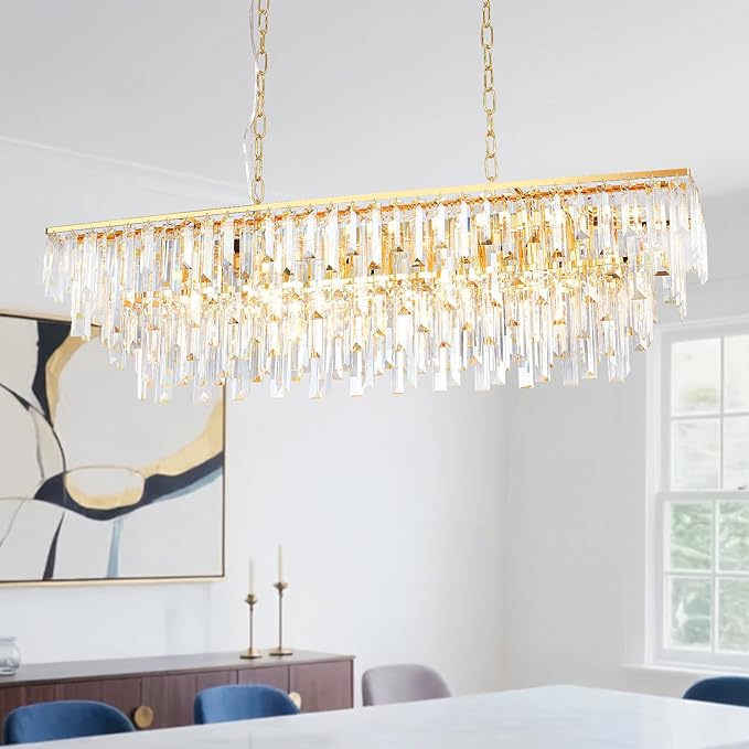 Linear Chandeliers for Dining Room, 12 Lights Rectangle Crystal Chandelier Modern Gold Pendant Light Fixture 40" for Dining Room Kitchen Table Living Room