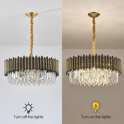 Black and Gold Chandelier 3-Tier Modern Large Crystal Chandelier Semi Flush Mount Chandelier Light Round Ceiling Light Fixture Ceiling Lamp Modern Chandelier for Dining room Living Room Kitchen