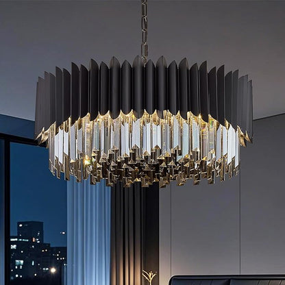 8-Light Large Crystal Chandeliers 24" Dining Room Light Fixture 5 Tiers Flush Mount Smoke Gray and Black Crystal Chandelier Round Pendant Light for Kitchen Living Room Entryway Foyer