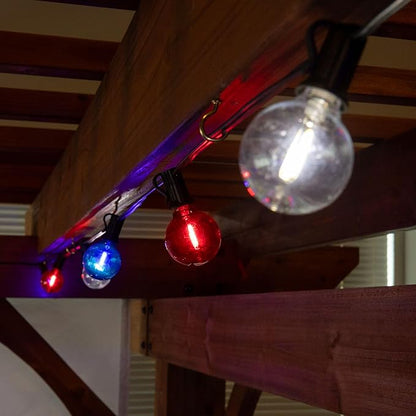 Novelty Lights G40 Filament LED String Light, Translucent Red/White/Blue Bulbs, 25 Globe Lights with 12" Spacing on Black Wire, Indoor/Outdoor Festive Patio Lights