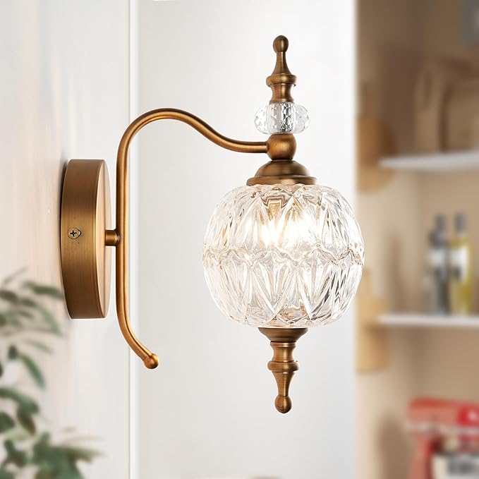 Vintage Bathroom Wall Sconces, 1-Light Wall Light Fixtures with Crystal Glass Shade Retro Bathroom Vanity Light Fixtures for Bedroom Living Room Farmhouse Dinning Room