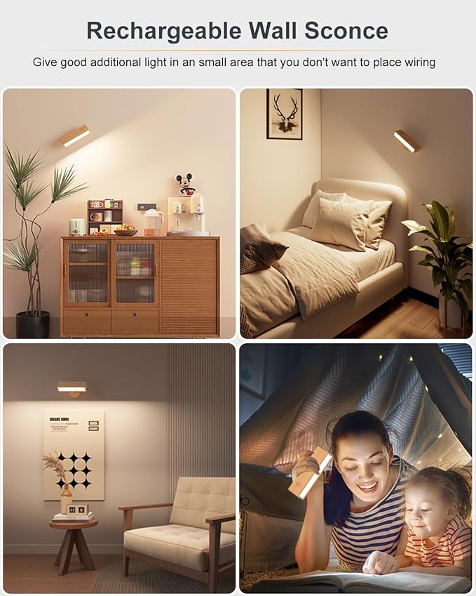 DetarZinLED Wooden Wall Sconce Battery Operated with Remote,Rechargeable Wall Lights for Bedroom with 3 Color Temperature, Magnetic, Stick-On, Dimmable Wall Reading Lights (Beechwood, 1 Pack)