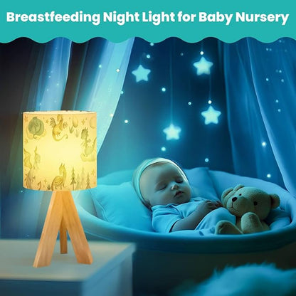 Tripod Bedside Desk Table Lamp Dragon Baby Animals Watercolor Wood Nightstand Lamp with Linen Fabric Shade for Nursery Bedroom Living Room Kids Room