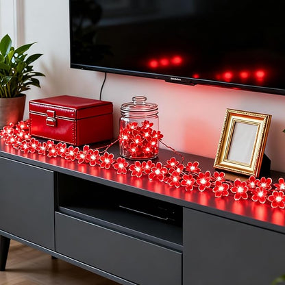 JACUXLSS Cherry Blossom Flower String Lights, 100 led 33 feet 8 Mode Plug in Fairy Lights for Valentine's Day, Wedding, Birthday Party, Christmas Easter Tree Hanging Decorations (Red)