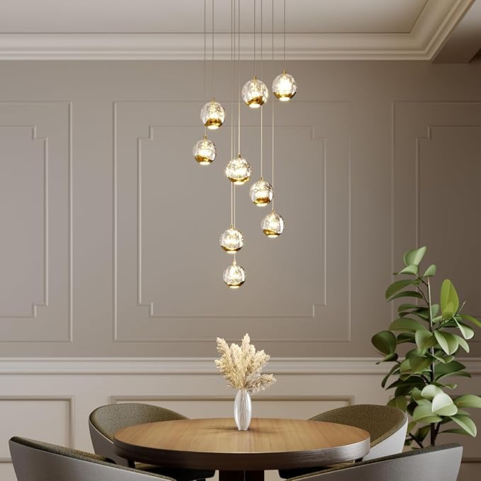 9-Light Modern Gold Glass Globe Chandelier, Hanging Cluster Pendant Light Kitchen Island & Foyer Chandelier, Warm White 3000K, 2610 Lm, LED Modern Chandelier, Ø 15.7 in