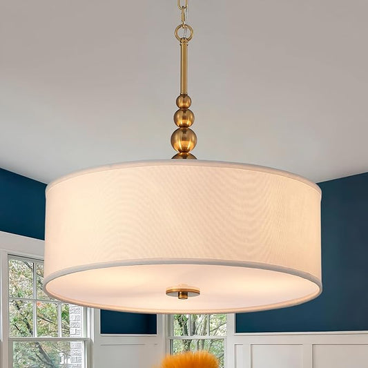 Shrine Lighting Drum Chandeliers, Farmhouse Style, Perfect Drum Pendant Light for Dining Room, D20'' x H8'', Adjustable Chains 59'', E26*3 Sockets, White Linen Fabric Lampshade & Gold Rod