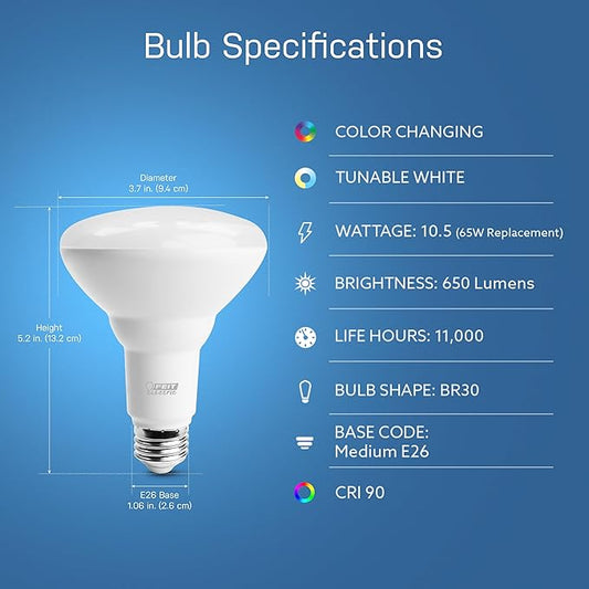 Feit Electric BR30 Smart Flood Light Bulb,2.4GHz WiFi Color Changing and Dimmable, No Hub, Works with Alexa or Google Assistant, BR30/RGBW/CA/AG, 65W, Multi-Color (RGBW), 1 Count (Pack of 1)