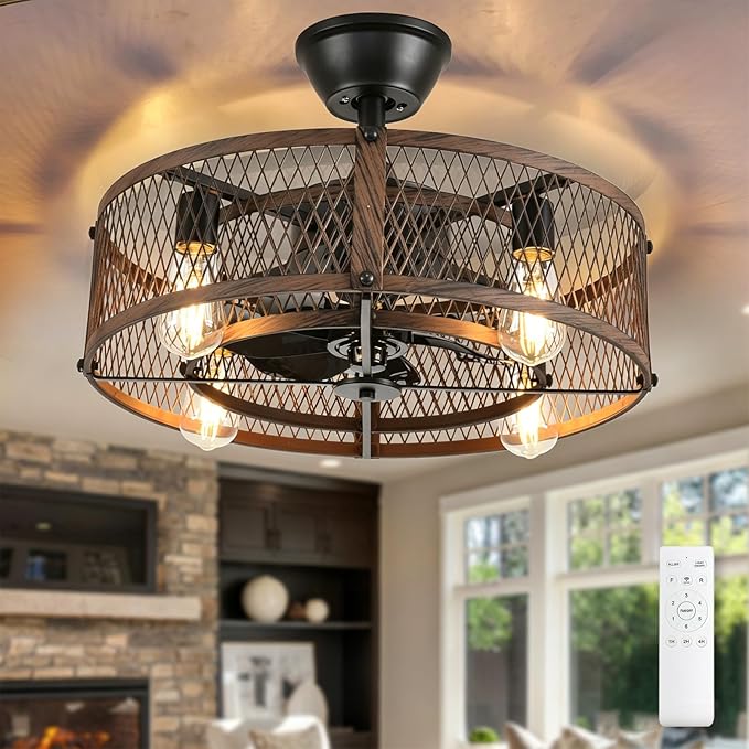Depuley Outdoor Ceiling Fan with Light: 20" Caged Ceiling Fans with Remote Control for Patio Kitchen Bedroom - Farmhouse Fandelier Flush Mount Lights Fixture Reversible 6 Speed Timer Walnut