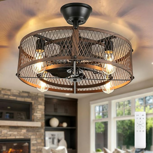 Depuley Outdoor Ceiling Fan with Light: 20" Caged Ceiling Fans with Remote Control for Patio Kitchen Bedroom - Farmhouse Fandelier Flush Mount Lights Fixture Reversible 6 Speed Timer Walnut