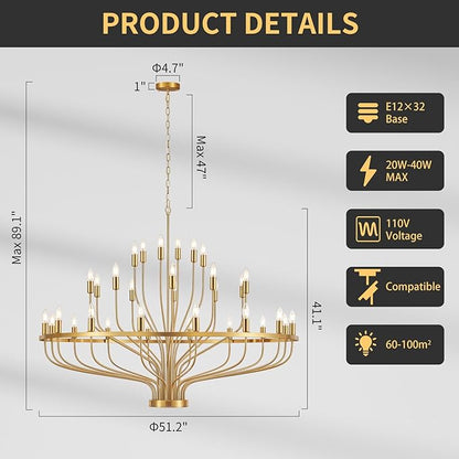 51.2" Modern Large Gold Chandelier Vintage 32-Lights Mid Century Modern Candle Style Chandeliers Light Fixture Vintage Rustic Golden Chandelier for Dining Room, Kitchen, Living Room, E12