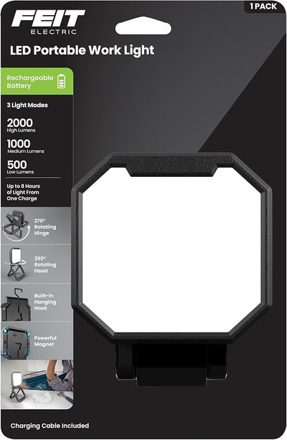 Feit Electric Portable LED Work Light, 360° Rotating Head, 3 Light Modes, 2000/1000/500 Lumens, Adjustable Working Light for Workshop Garage, 25,000-Hour Lifetime, WORK2000/FOLD/BAT