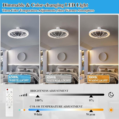 Socket Fan Light with Remote, 13 inch Socket Ceiling Fan with Dimmable Led Light, 3 Colors 3000K-6500K, 3 Speeds, Flush Mount Ceiling Fans with Lights for Bedroom, Kitchen, Living Room-White