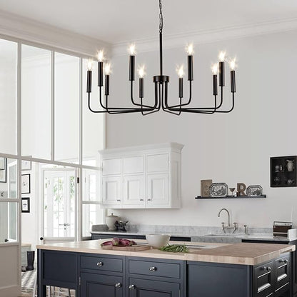 Farmhouse Candle Chandelier, 10 Light Rustic Black Ceiling Pendant Light Fixture, L-Arm Design Industrial Dining Room Hanging Lighting for Living Room, Entryway, Foyer, Kitchen Island