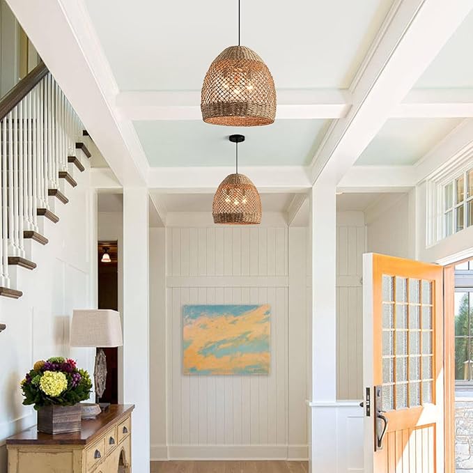 13.8" Farmhouse Woven Chandelier Rattan Wicker Lighting for Dining Room Boho Light Fixture Hanging 3-Lights Brown Pendant Light Kitchen Island for Restaurant Bedroom Breakfast Entryway Bar