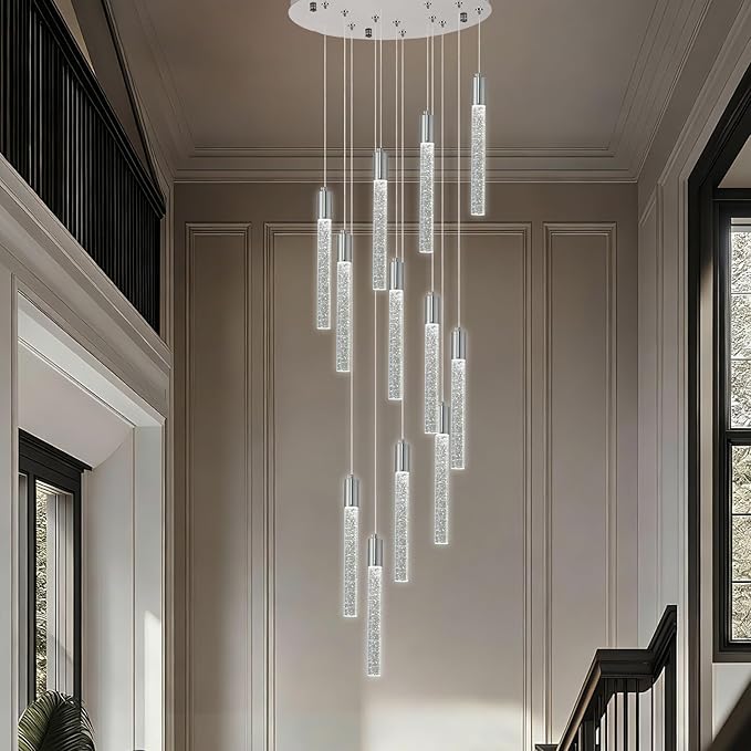 12-Light Chrome Bubble Crystal Chandelier, Cool White Spiral Staircase Pendant for High Ceilings Sloped Ceiling Compatible Canopy Adjustable Hanging Height Hardwired Foyer Entryway