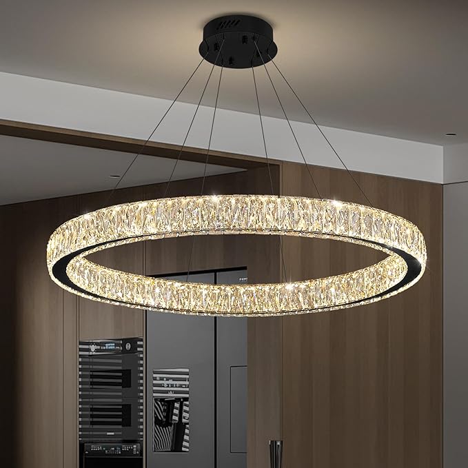 39.4in Large Ring Chandelier for Living Room Modern LED Black Crystal Chandelier for Dining Room Dimmable 2700K-6000K