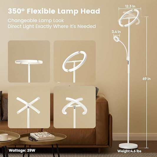 SIBRILLE White LED Floor Lamp - Dimmable 2 Lights Standing Lamp with Remote&Touch Control, 4 Color& 10 Brighness Adjustable Floor Reading Light, Modern Tall Lamp for Living Room Bedroom Office Corner