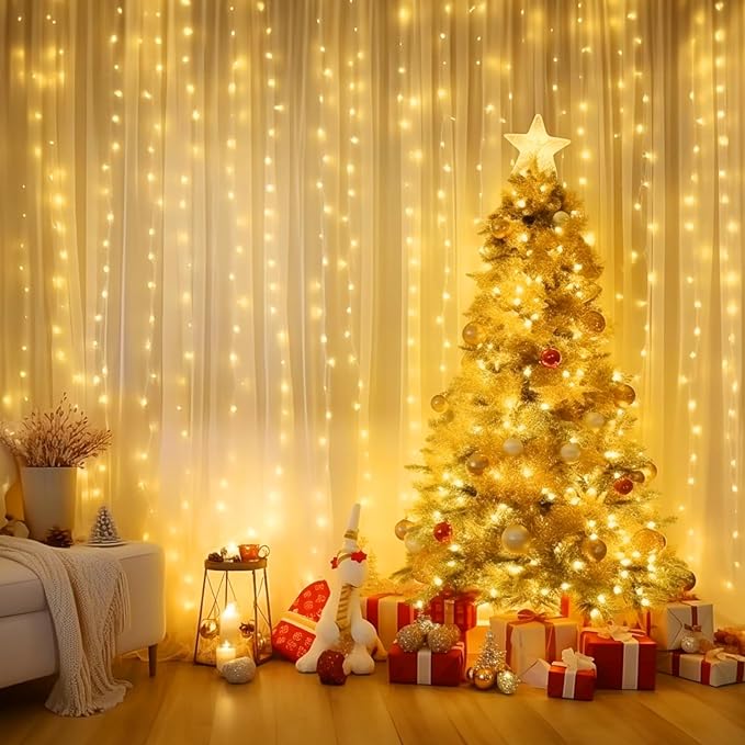 Minetom Curtain Lights, 300 LED Dimmable Fairy Lights Twinkle Lights with Remote and Timer, 8 Modes, USB Powered String Lights for Room Wall Party Xmas Indoor Decor, Warm White