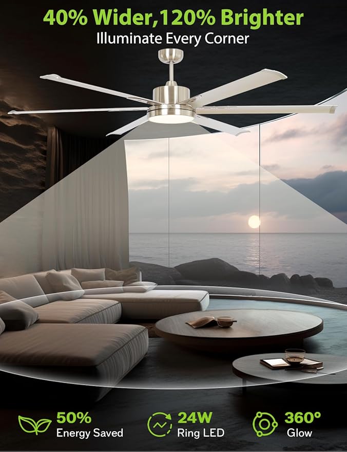 65-Inch DC Motor Ceiling Fan with LED Light, 6 Aluminum Blades, Remote Control, Sand Nickel Finish, 2700K Warm White, Energy Efficient Indoor Ceiling Fan for Living Room & Bedroom