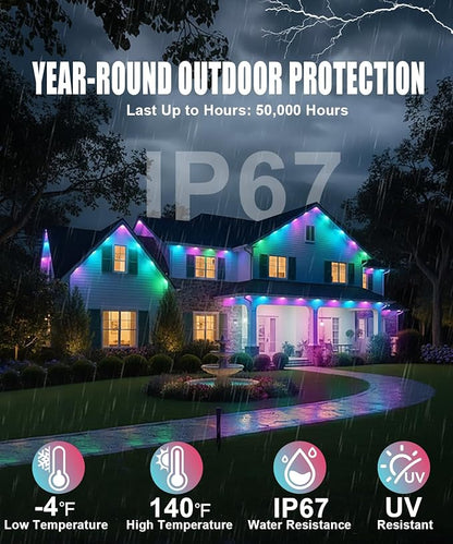 Permanent Outdoor Lights for House, 200Ft Smart RGB+IC Outdoor Decor Lights, 75 Scene Modes, APP & Remote Control, IP67 Waterproof, for Christmas, Daily & Holiday, House Roof Lighting