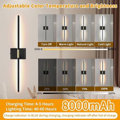 Wall Sconces Set of 2 Battery Operated, 8000mAh USB Rechargeable Wall Sconce with Remote Control, 360°Rotate Dimmable 3000K-6000K LED Dimmable Picture Lamp for Living Room, Bedroom, Hallway (28inch)