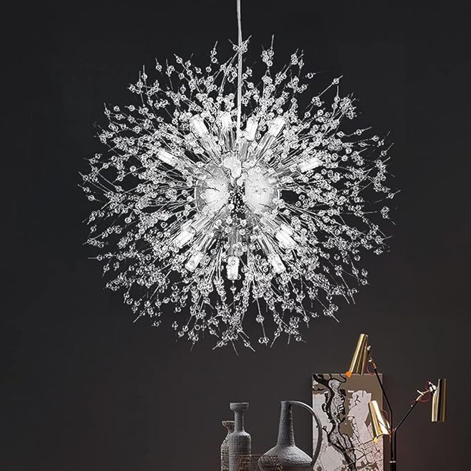 Modern Dandelion Firework Chandelier, Chrome Dining Room Chandelier, Crystal Hanging Pendant Lighting Fixture for Living Room, Bathroom, Bedroom, Restaurant, 16-Light