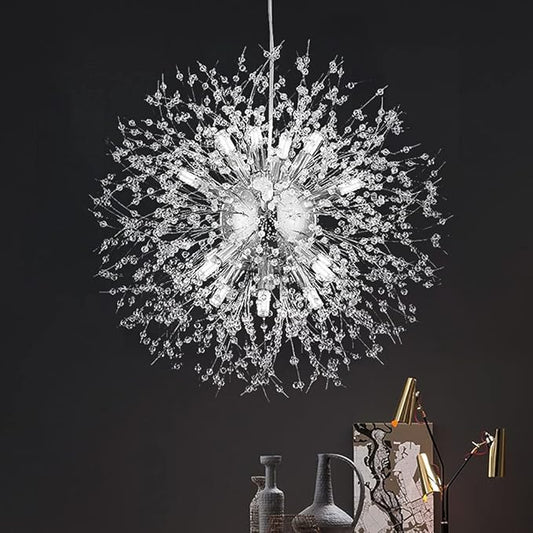 Modern Dandelion Firework Chandelier, Chrome Dining Room Chandelier, Crystal Hanging Pendant Lighting Fixture for Living Room, Bathroom, Bedroom, Restaurant, 16-Light
