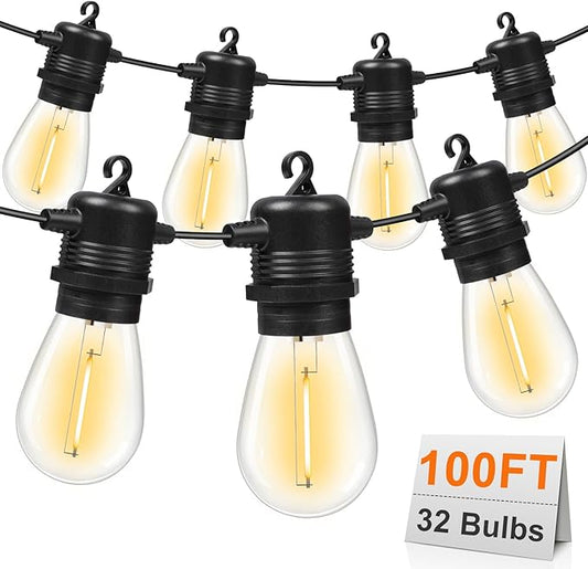 GvvooHome 100FT LED Outdoor String Lights, Commercial Grade Patio Lights with 30+2 Shatterproof S14 Edison Vintage Bulb for Outside Backyard Porch Balcony Party Cafe Decor