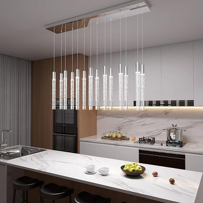 Modern Rectangular Crystal Chandelier 14-Light Silver LED Crystal Column Chandelier for Staircase, Living Room, Foyer, Hallway