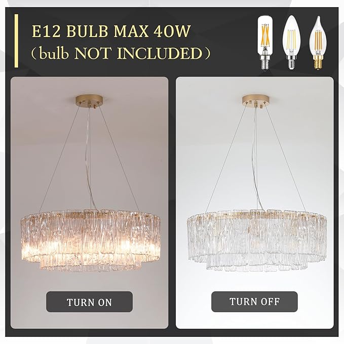 CATINER Gold Chandeliers 24”Modern Crystal Glass Round Chandelier 10-Light Drum Pendant Ceiling Light Fixtures Luxury 2 Tiers Hanging Chandelier for Dining Room Foyer Living Room Bedroom