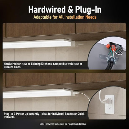 TORCHSTAR Ultra-Slim LED Under Cabinet Lighting Fits 42 Inch Cabinets, 5CCT 24W 1800LM, Hardwired & Plug-in, 120V CRI90 Linkable Dimmable Thin Under Counter Lights for Kitchen, ETL T24, Pack of 2