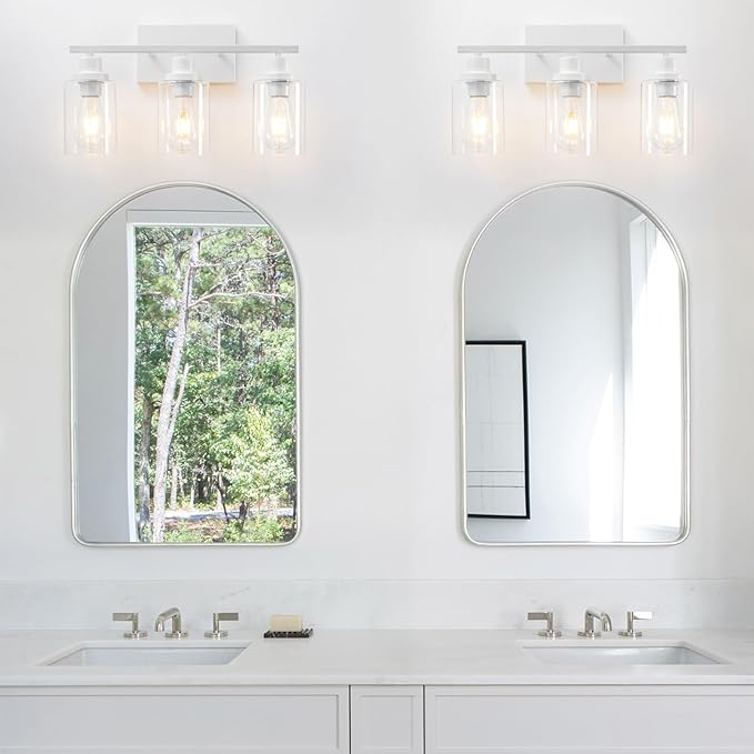 3 Light White Bathroom Light Fixtures Vanity Light Over Mirror Modern Wall Lighting Sconces Rustic Industrial Wall Lamp for Bathroom, Bedroom, Living Room E26 Socket with Glass Shade