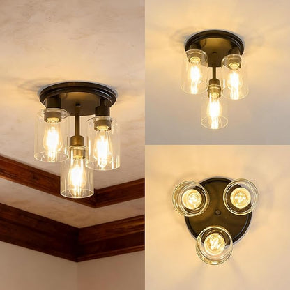 ROTTOGOON Semi Flush Mount Ceiling Light, Close to Ceiling Lights Fixtures, 3 Light Kitchen Ceiling Lights Fixtures with Glass Shades, Hallway Light Fixtures Ceiling Mount for Foyer, 9.9" x 13", Black