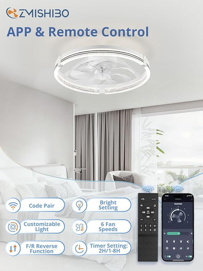 ZMISHIBO Low Profile Ceiling Fans with Lights, Flush Mount Modern Ceiling Fan and Remote Control, 20" LED Ceiling Fans, Stepless Dimmable 3 Colors and 6 Speeds