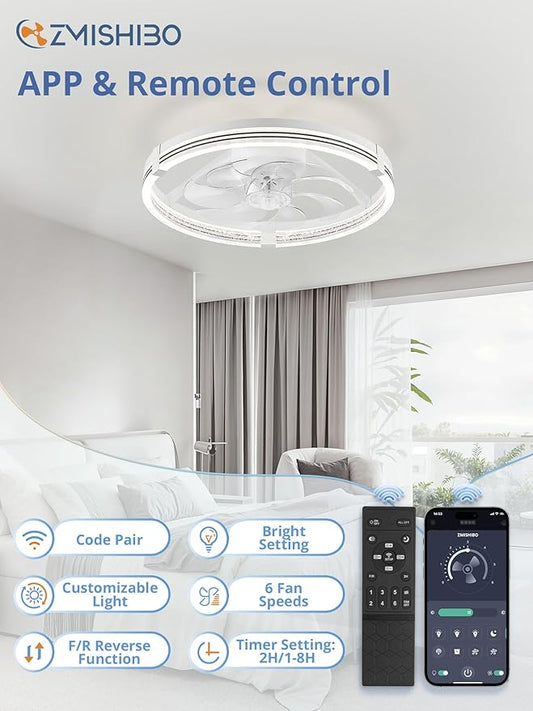 ZMISHIBO Low Profile Ceiling Fans with Lights, Flush Mount Modern Ceiling Fan and Remote Control, 20" LED Ceiling Fans, Stepless Dimmable 3 Colors and 6 Speeds