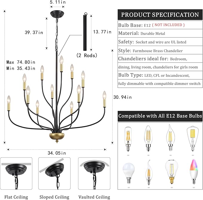 12-Lights Farmhouse Chandelier for Dining Room, 34 Inch Black and Gold Chandeliers for High Ceilings Foyer Modern Large Pendant Light Fixtures for Living Room Entryway Hallway Kitchen Island E12