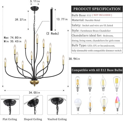 12-Lights Farmhouse Chandelier for Dining Room, 34 Inch Black and Gold Chandeliers for High Ceilings Foyer Modern Large Pendant Light Fixtures for Living Room Entryway Hallway Kitchen Island E12