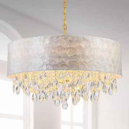 LumFurn D24inch Drum Capiz Shell K9 Crystal Chandeliers, 8-Light Coastal Style Pendant Light Fixture for Dining Room, Living Room, D24xH23~71 inch(Adjustable), Shell Lampshade & Gold Finish