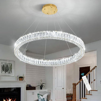 HAIXIANG Modern Crystal Chandelier Dimmable LED Ring Pendant Chandeliers Light Adjustable Glam Hanging Lighting Fixtures for Dining Room Living Room Bedroom Gold Light